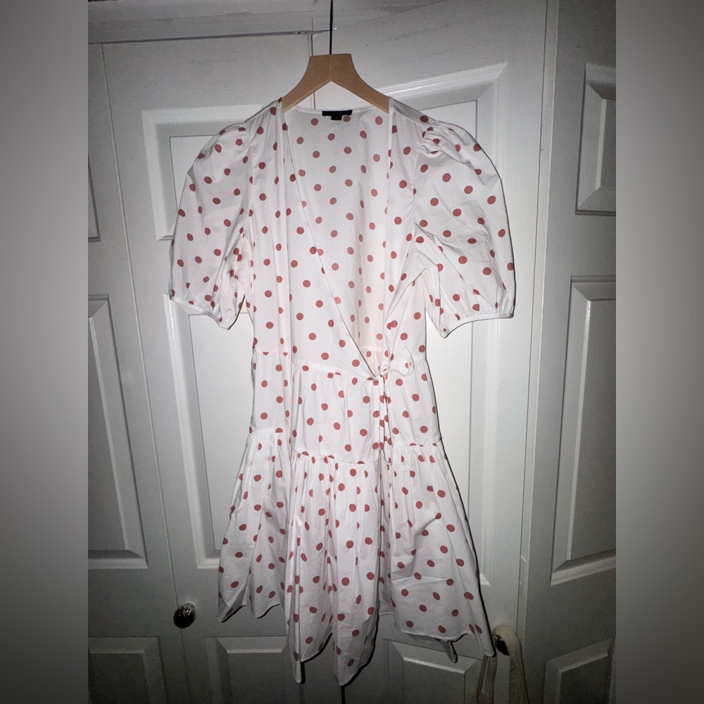 Jcrew White Wrap Dress with Dusty Rose Polka Dots